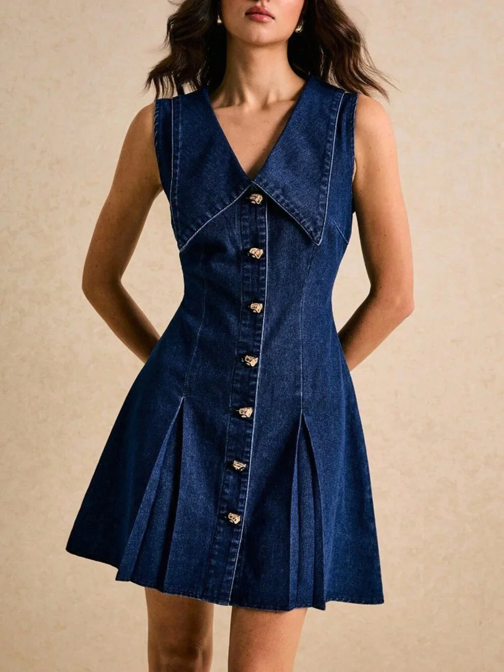 Dark Wash Casual Women's Front Button Pleated Sleeveless Denim Mini Dress - Picture 3 of 5